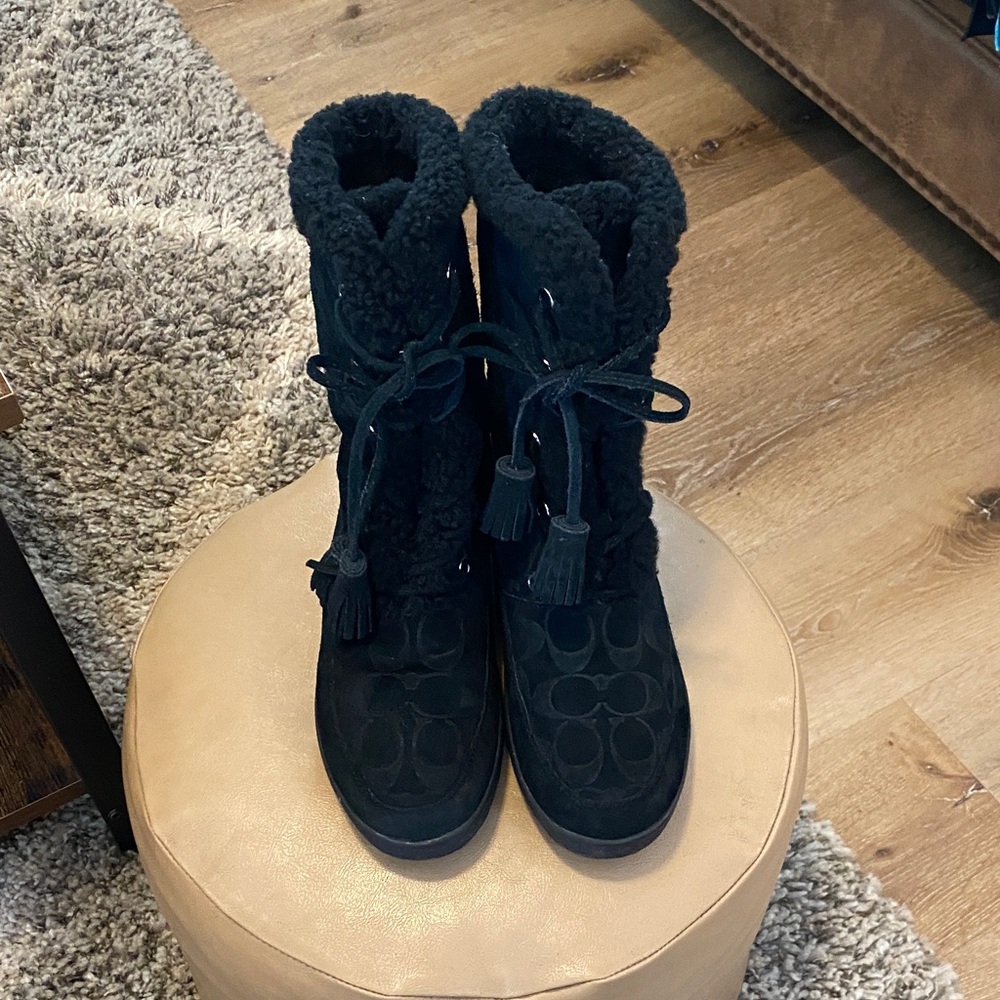Coach Tuesday Black Suede Logo Tie Tassel Boots A7408 Size 7.5